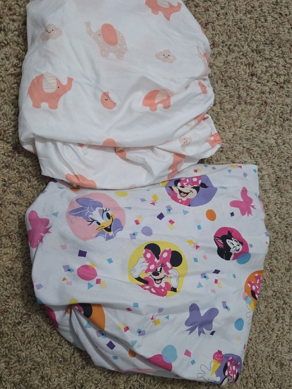 Printed Fitted Sheet Set - White with Pink Elephants And Mini Mouse. Set Of 2
